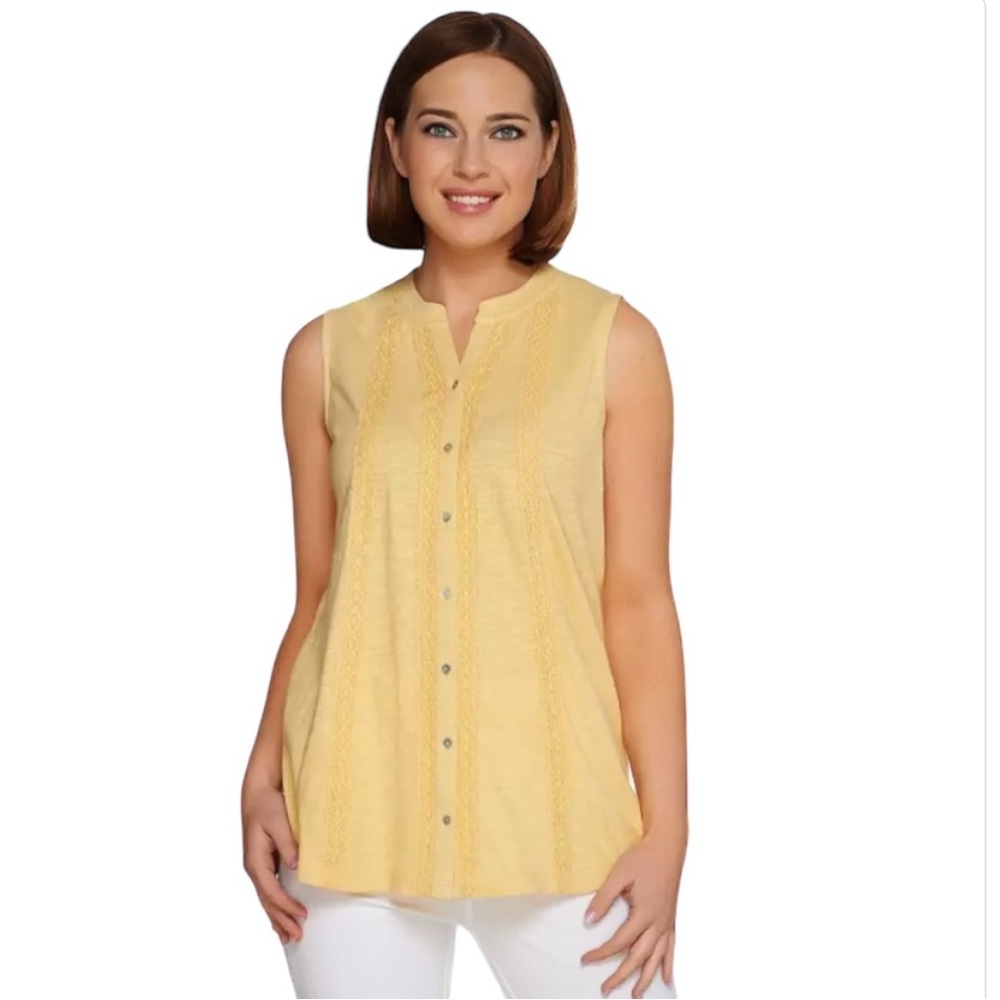 LOGO Lori Goldstein Buttery Yellow Blouse Swiss Dot Crochet Cotton Whimsygoth 2X